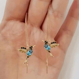 Wicked Silk Cute Dainty Flying Bird Dangling Earrings - Blue/Gold